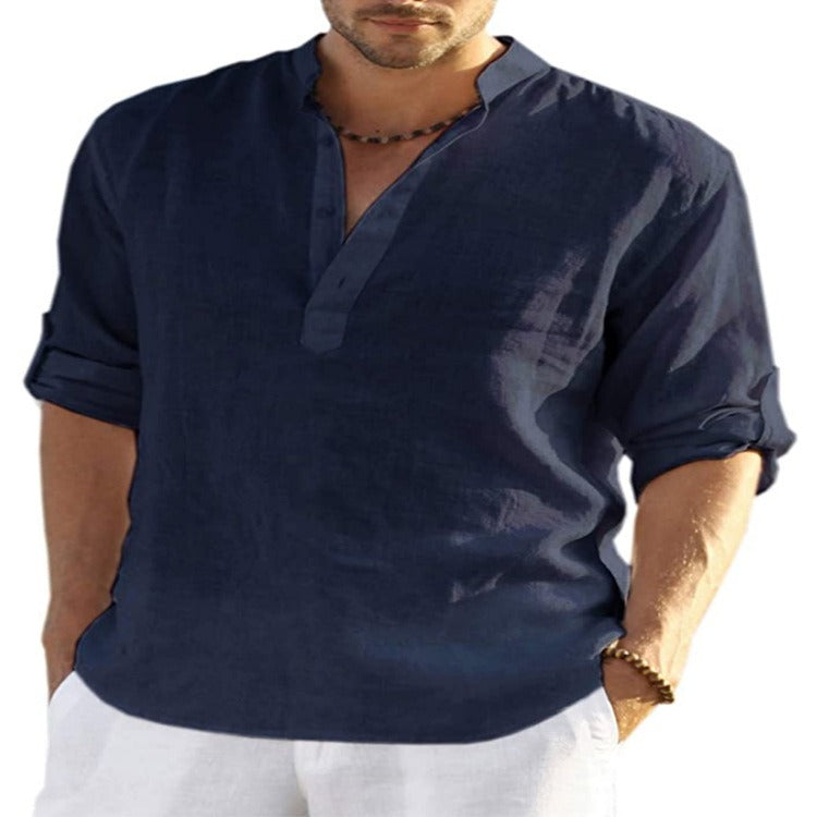 T-shirt en lin pour homme, manches longues, coupe ample, couleur unie, coton et lin, grande taille