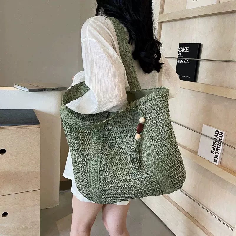 Grand sac de plage tressé en paille pour les trajets quotidiens, sac à bandoulière de style vacances