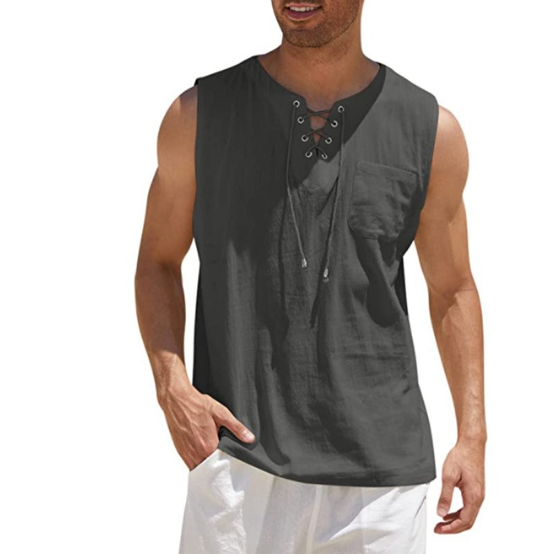 Nouveau débardeur pour homme, chemise en dentelle, mode unie en coton et chanvre, t-shirt à manches courtes