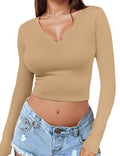 Womens Sexy Long Sleeve Crop Top V Neck Y2K Shirt Sexy Slim Fitted Casual Base Layer Lightweight Soft Tops Workout Shirts 2024 Womens Clothing XS-XL Underwear Spring Summer Fashion Going Out Tops