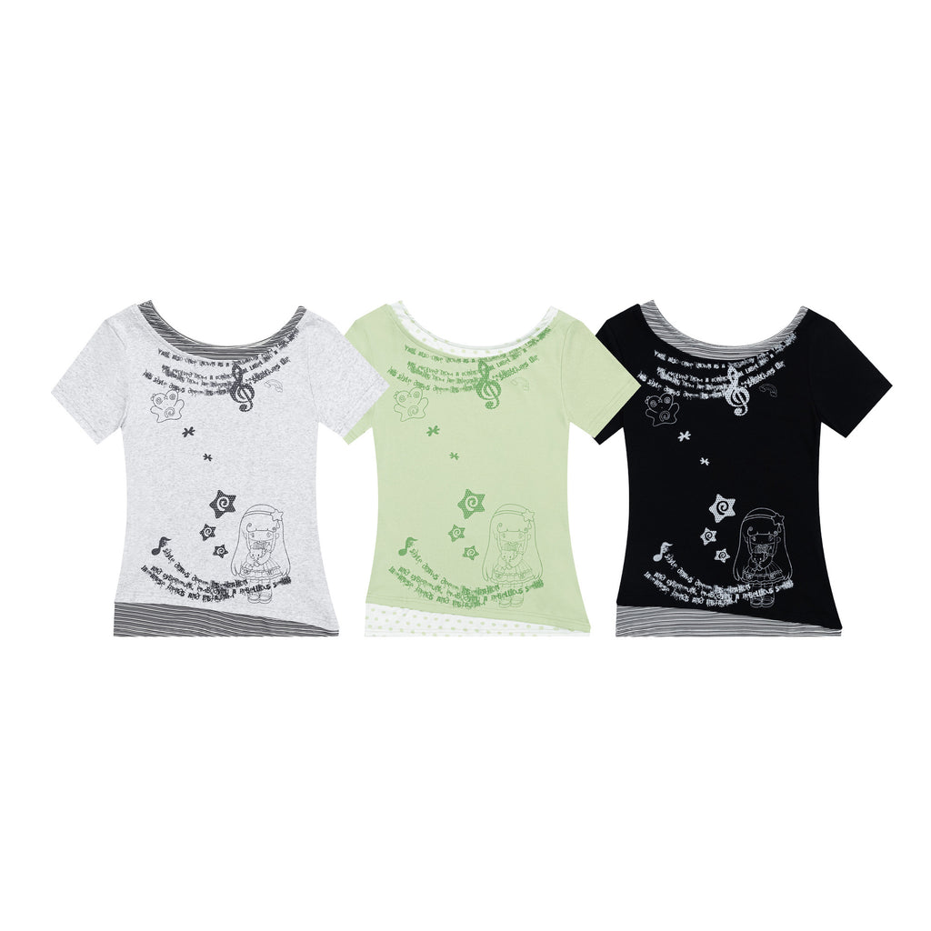 Fake two slanted neck short sleeved T-shirts for women