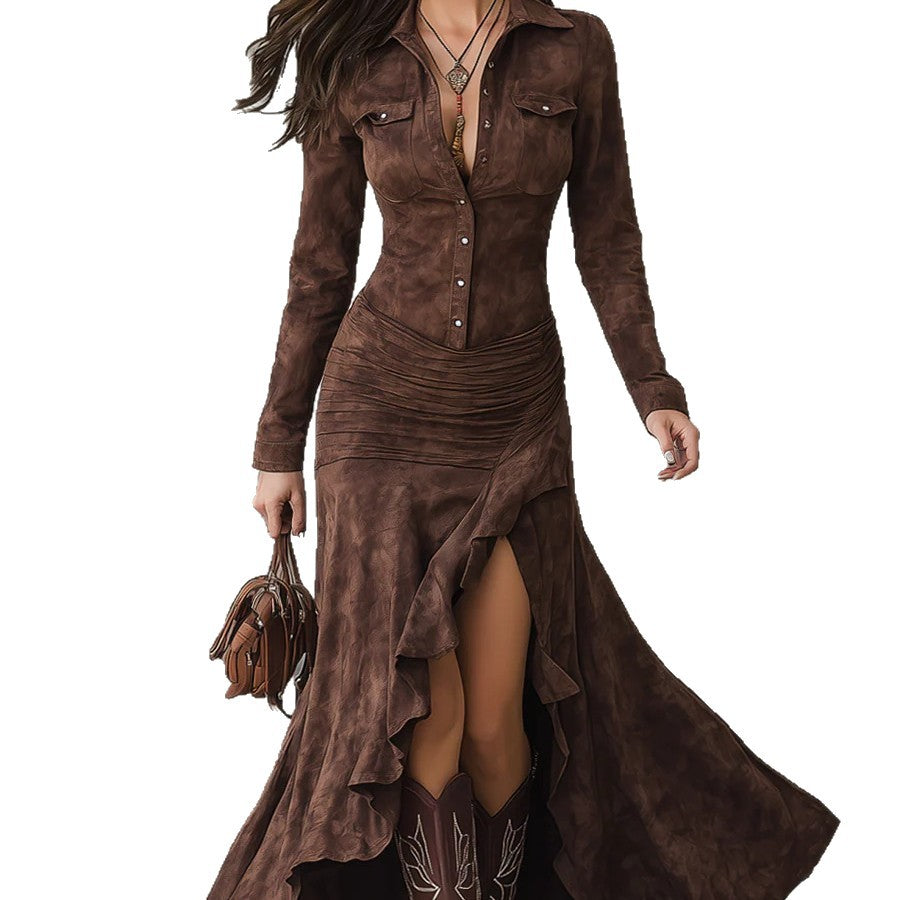 Robe longue ajustée et élégante avec col montant zippé et fente