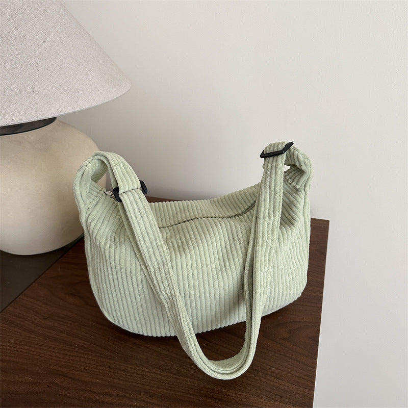 Sac bandoulière minimaliste en velours côtelé de couleur unie, grand, romantique, de style japonais, décontracté et tendance, en forme de croissant.