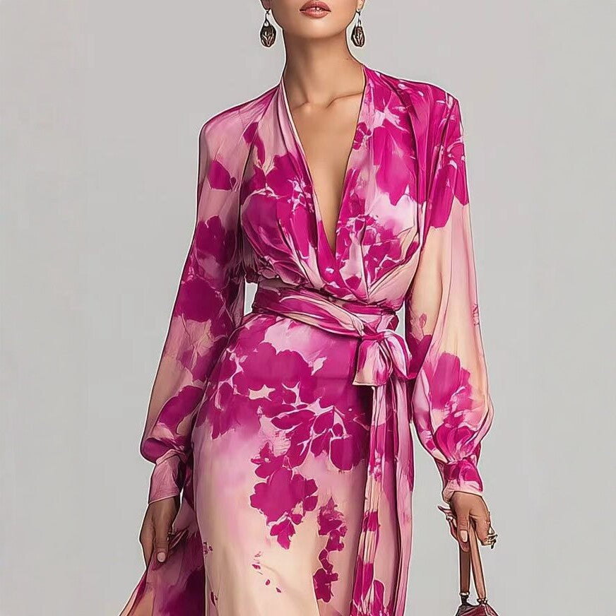 Robe longue en mousseline imprimée à manches longues et col en V avec liens, élégante et chic, nouvelle collection printemps