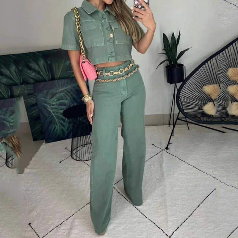 Ensemble de vêtements pour femmes européennes et américaines, ensemble de mode, haut sans manches à revers, pantalon ample, couleur unie