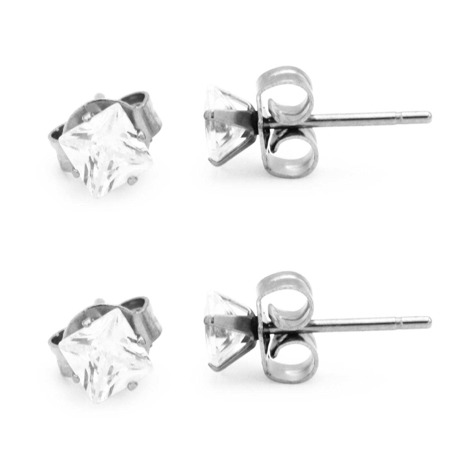 Boucles d'oreilles clous carrées en oxyde de zirconium argenté (lot de 2) en acier inoxydable pour hommes et femmes