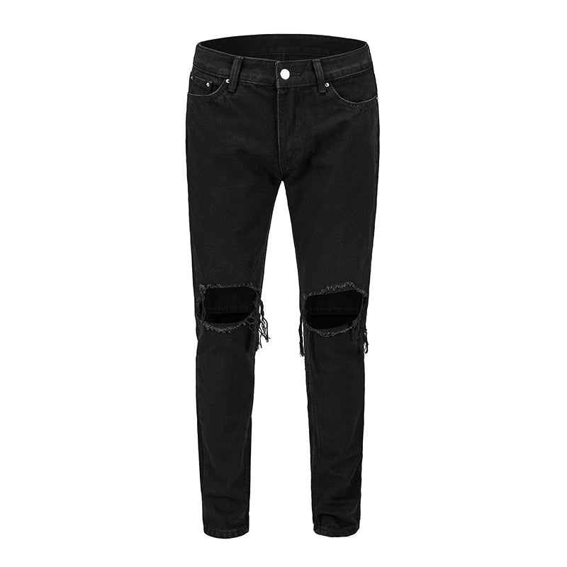 Loose Fit Black Denim Pants with Knee Rips and Zippers