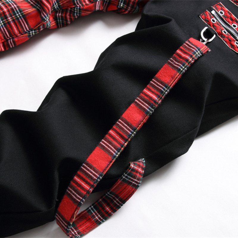 Red Plaid Punk Zipper Jeans with Gothic Hip-Hop Style