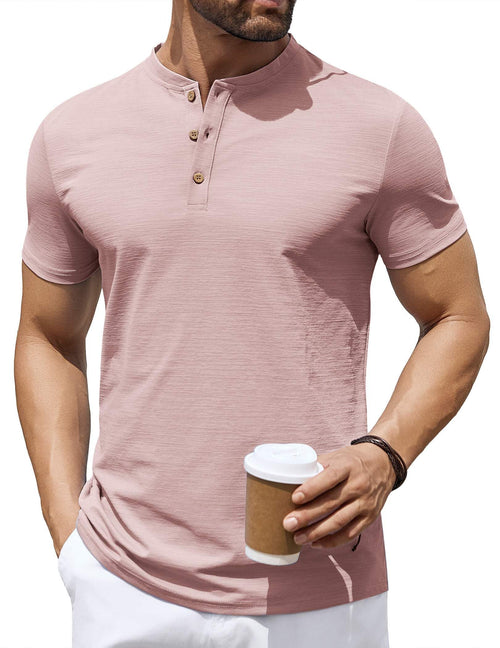 COOFANDY T-shirts homme extensibles à manches courtes, chemises décontractées Henley, chemises boutonnées originales, rose