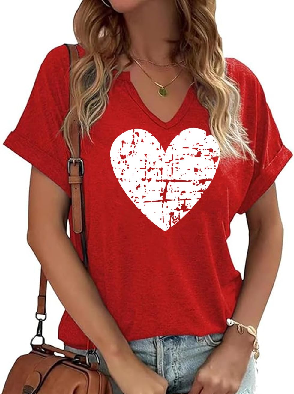 Valentines Day V Neck T-Shirts Womens Cute Love Heart Valentines Shirts Grarphic Tee Top(Red-3M)