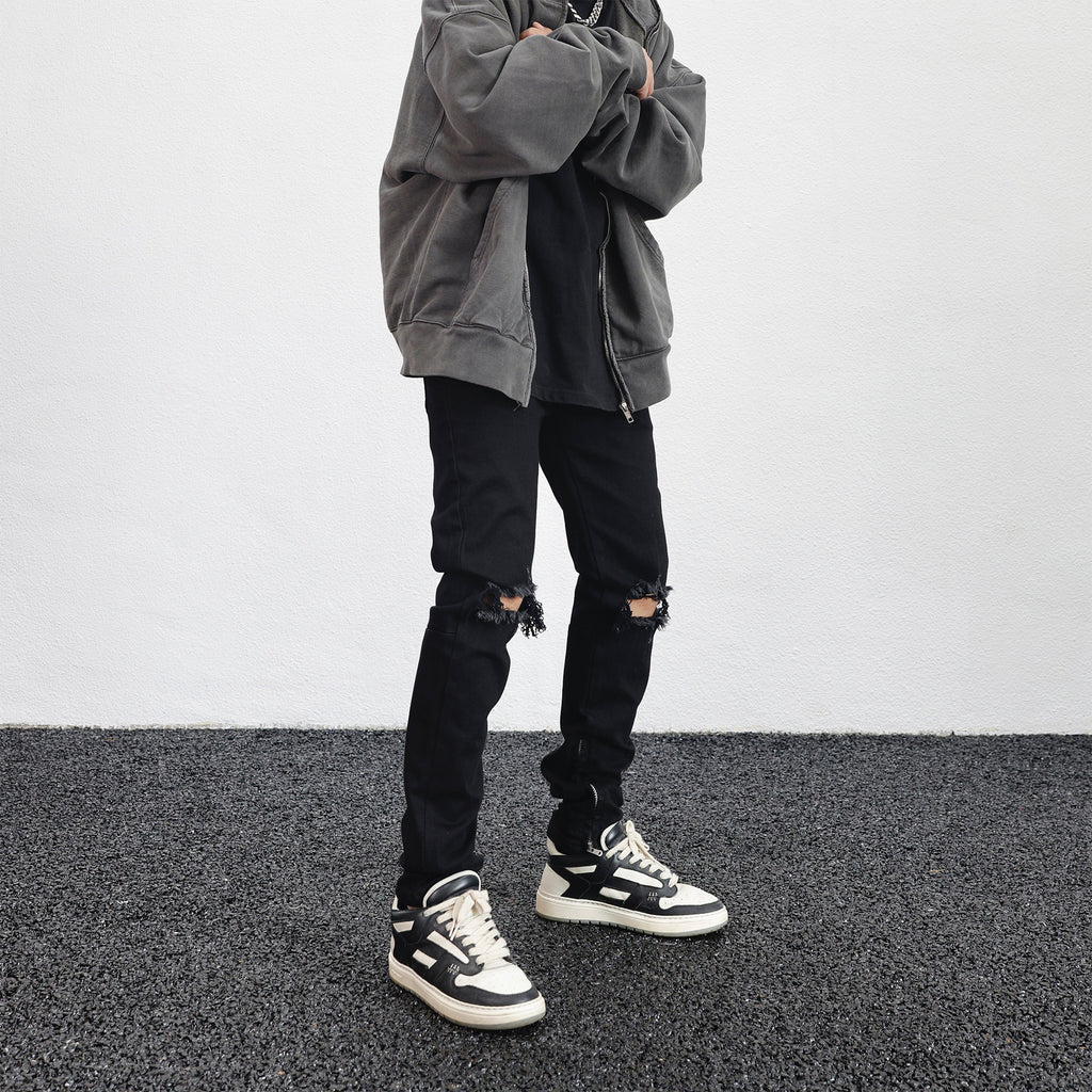 Loose Fit Black Denim Pants with Knee Rips and Zippers