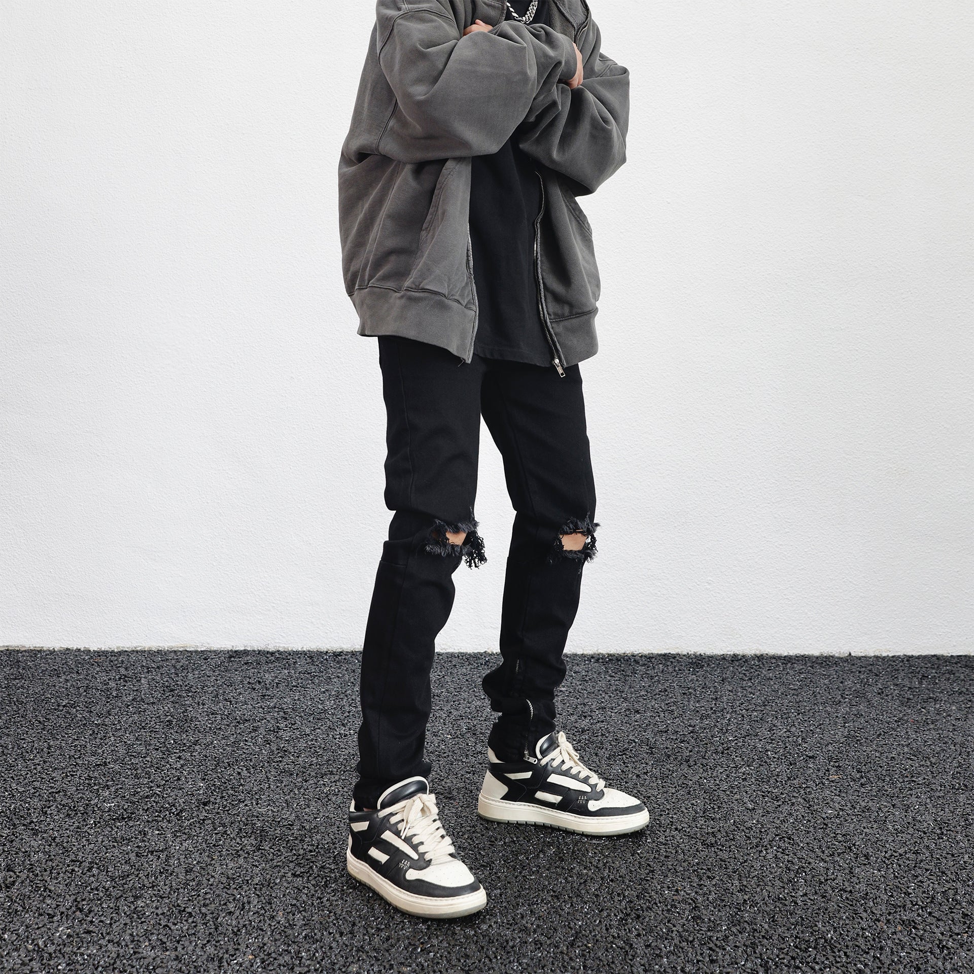 Loose Fit Black Denim Pants with Knee Rips and Zippers