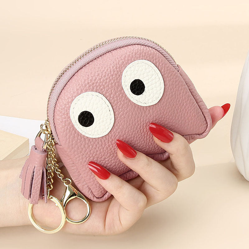 Mini porte-monnaie créatif en cuir avec fermeture éclair et motif dessin animé, porte-clés Ins mignon, étui rigide en cuir véritable pour femmes