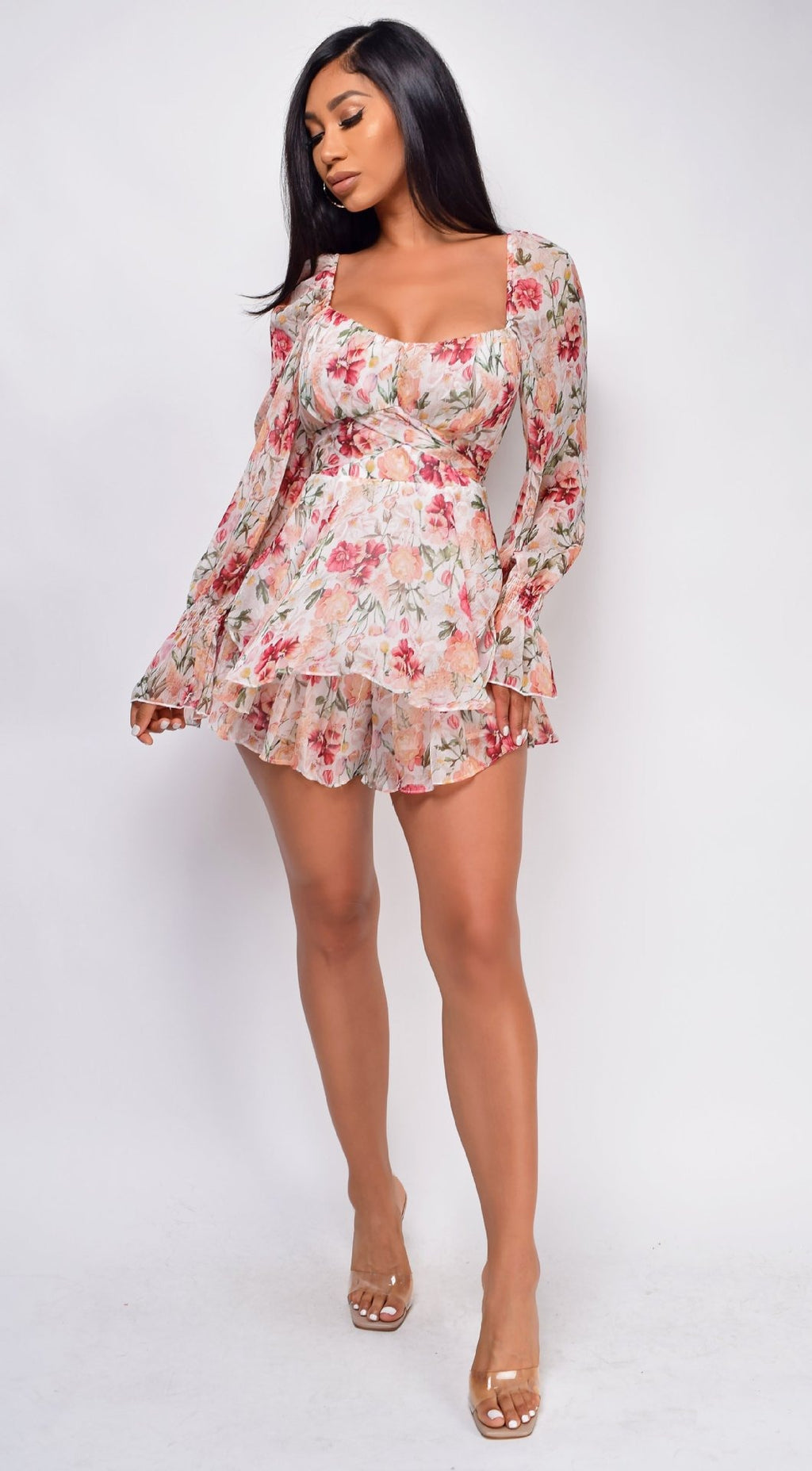 Nouvelle Combinaison Short à Fermeture Éclair et Bretelles à Manches Longues Imprimé Floral Numérique pour Femme, Style Européen et Américain