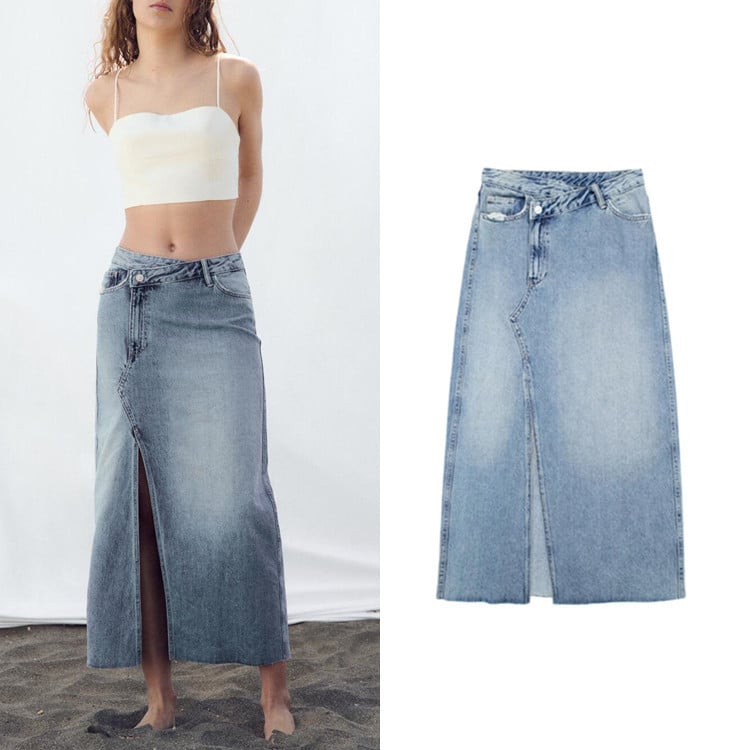Women's Mid Rise Diagonal Patchwork Denim Skirt