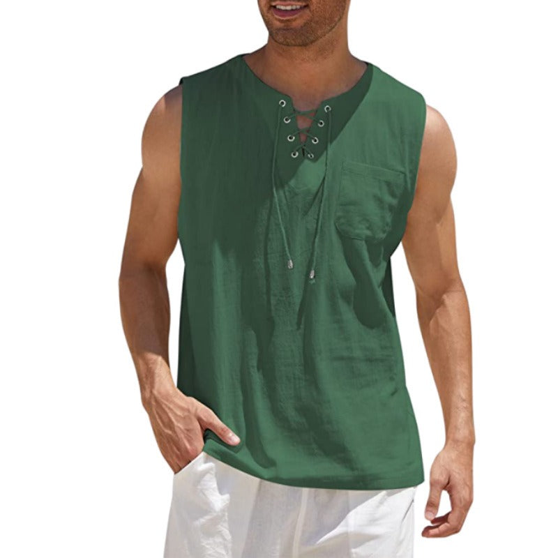 Nouveau débardeur pour homme, chemise en dentelle, mode unie en coton et chanvre, t-shirt à manches courtes