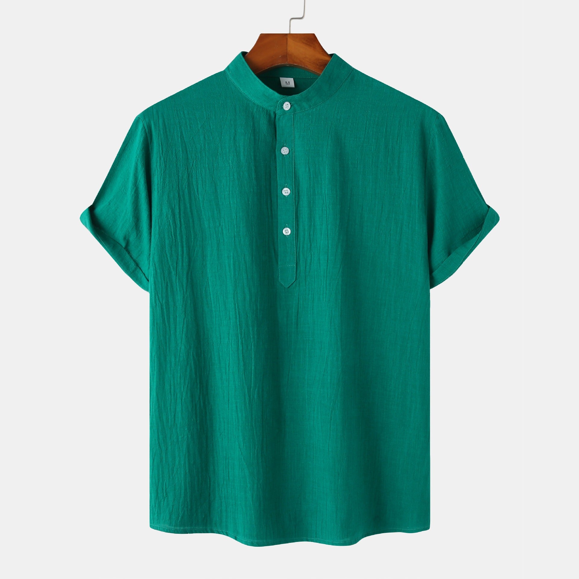 Chemise décontractée à col montant et manches courtes en coton et lin pour homme, T-shirt de plage, Vêtements pour hommes