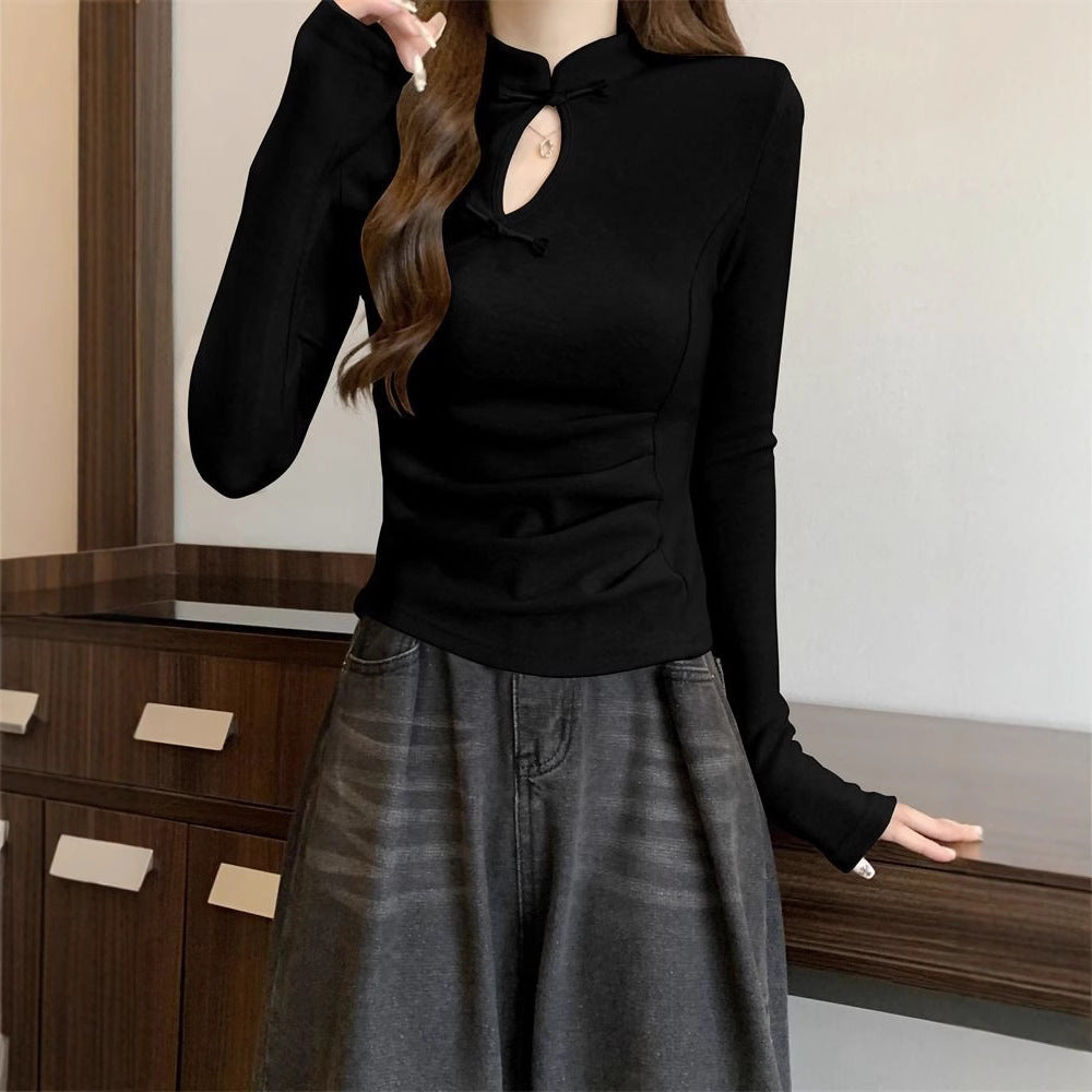 Women's Solid Color Long Sleeve T-Shirt with Unique Design, Autumn/Winter Inner Layer Top