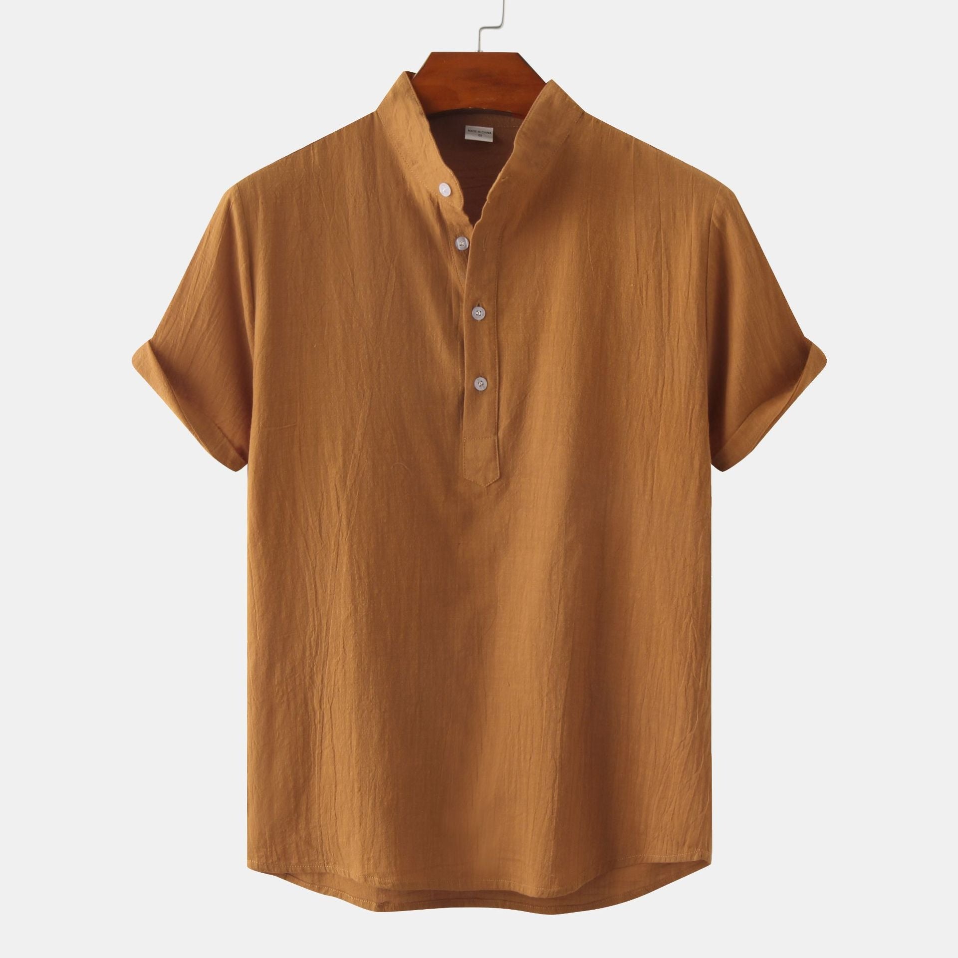 Chemise décontractée à col montant et manches courtes en coton et lin pour homme, T-shirt de plage, Vêtements pour hommes