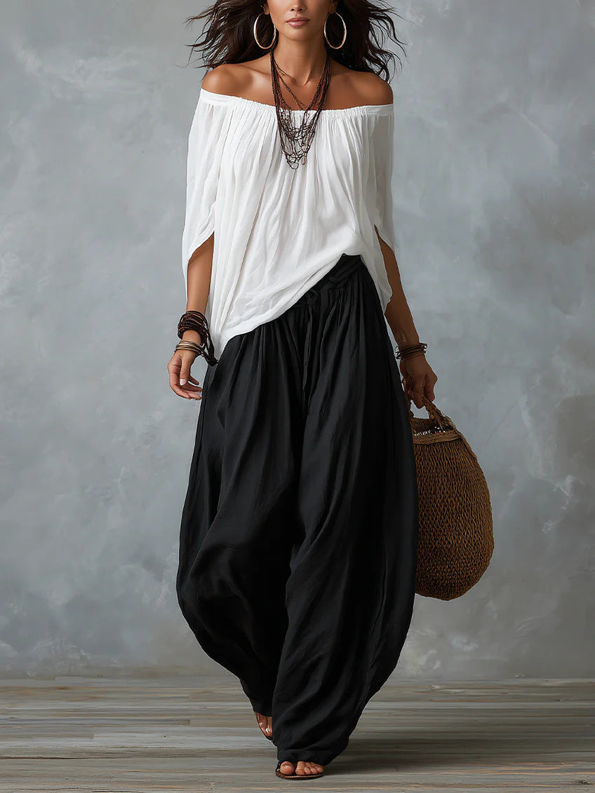 Ensemble T-shirt mode asymétrique et pantalon ample pour femme, tenue décontractée élégante deux pièces à manches longues