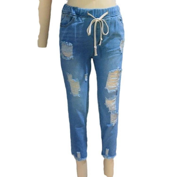 Jean Mom en Denim Délavé, Extensible, Slim, Ripped et Troué pour Femme, Jeggings Taille Haute Bleu Clair, Coupe Crayon, Style Y2K, Pantalon