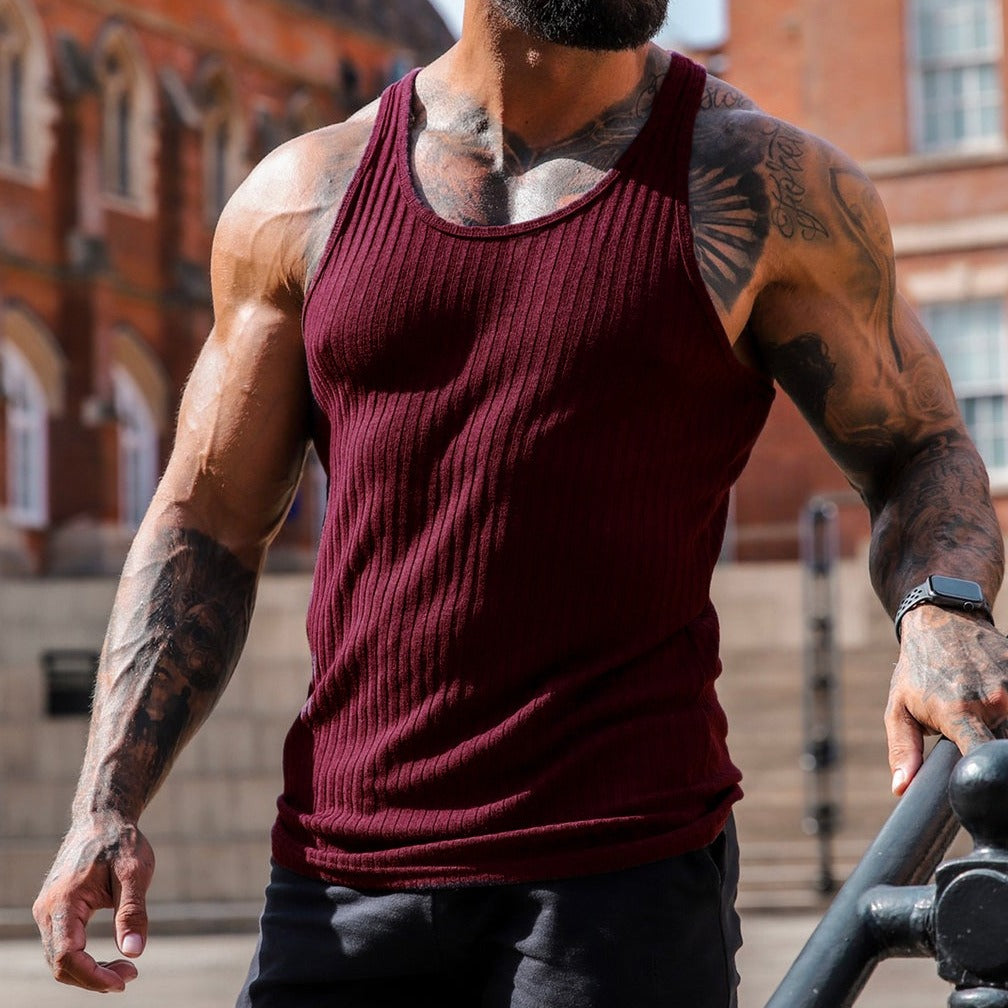 Débardeur Homme Tricoté à Rayures Verticales Coupe Slim Sport Loisirs Été Dos Nageur