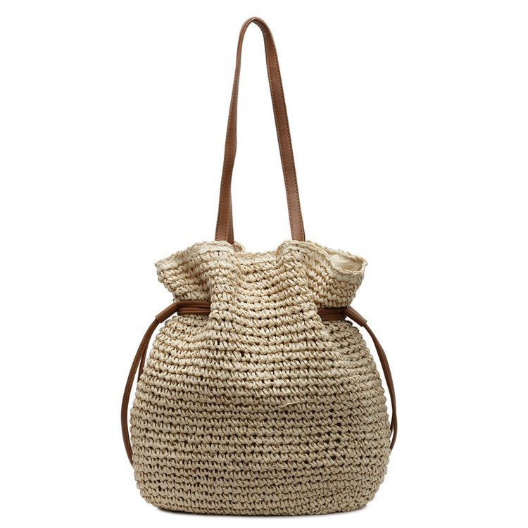 Sac tissé à bandoulière unique pour femme avec cordon de serrage, sac tissé en herbe de grande capacité