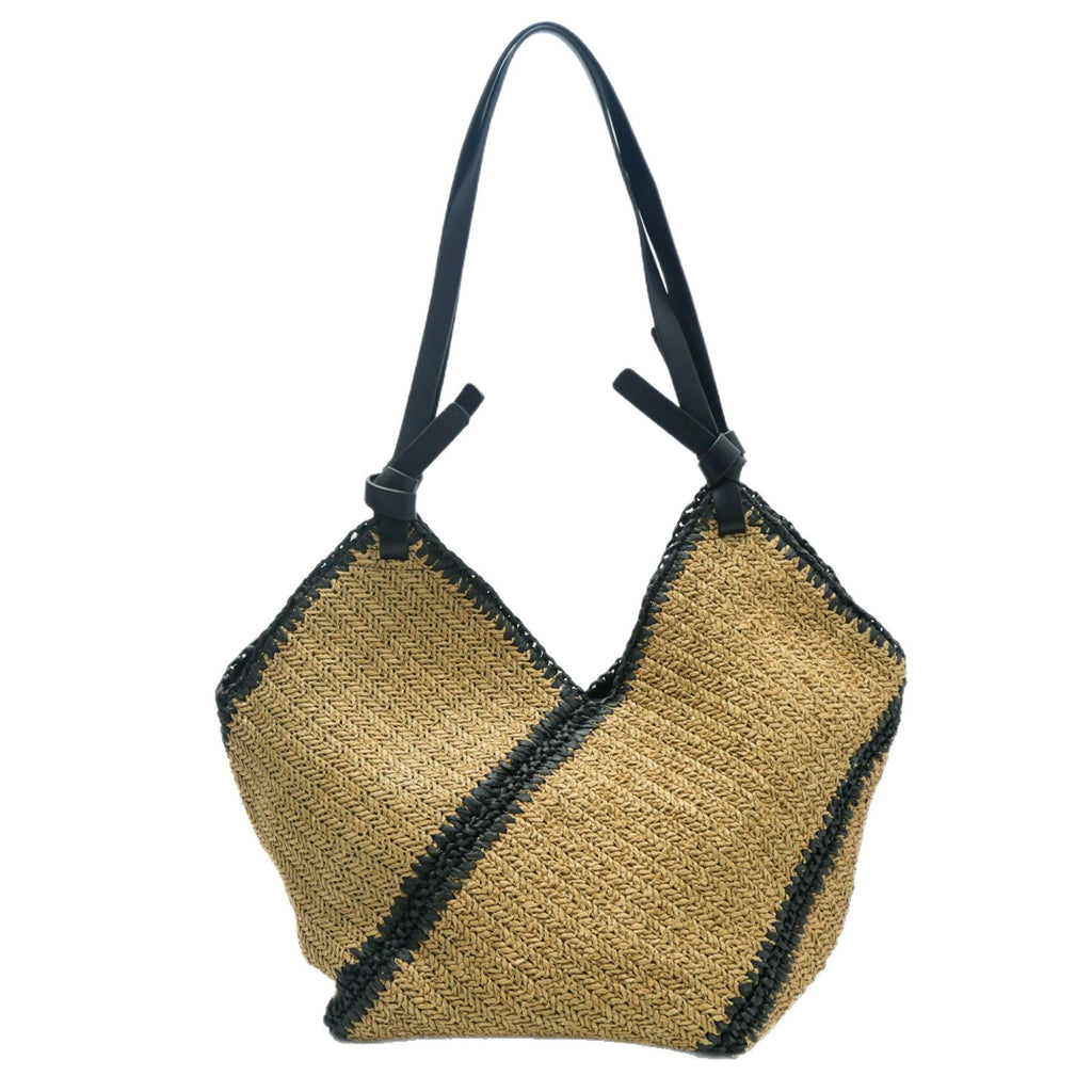 Sac de plage élégant en paille tressée à rayures, avec garniture noire, grande capacité