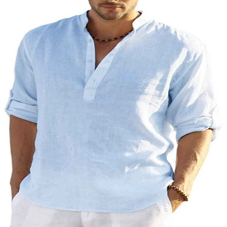 T-shirt en lin pour homme, manches longues, coupe ample, couleur unie, coton et lin, grande taille