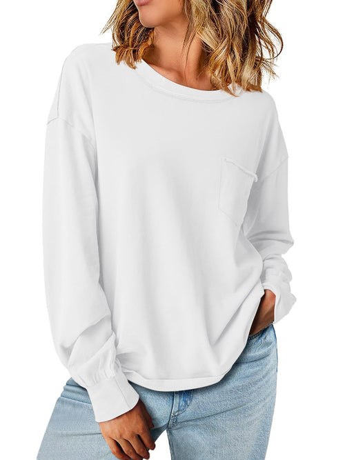 Bloggerlove Chemises à manches longues pour femmes, col rond, hauts basiques, sweat-shirts t-shirt tendance automne 2024, t-shirts tunique, tenues habillées, blanc