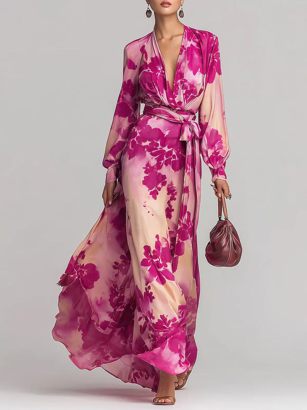 Robe longue en mousseline imprimée à manches longues et col en V avec liens, élégante et chic, nouvelle collection printemps