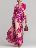Robe longue en mousseline imprimée à manches longues et col en V avec liens, élégante et chic, nouvelle collection printemps