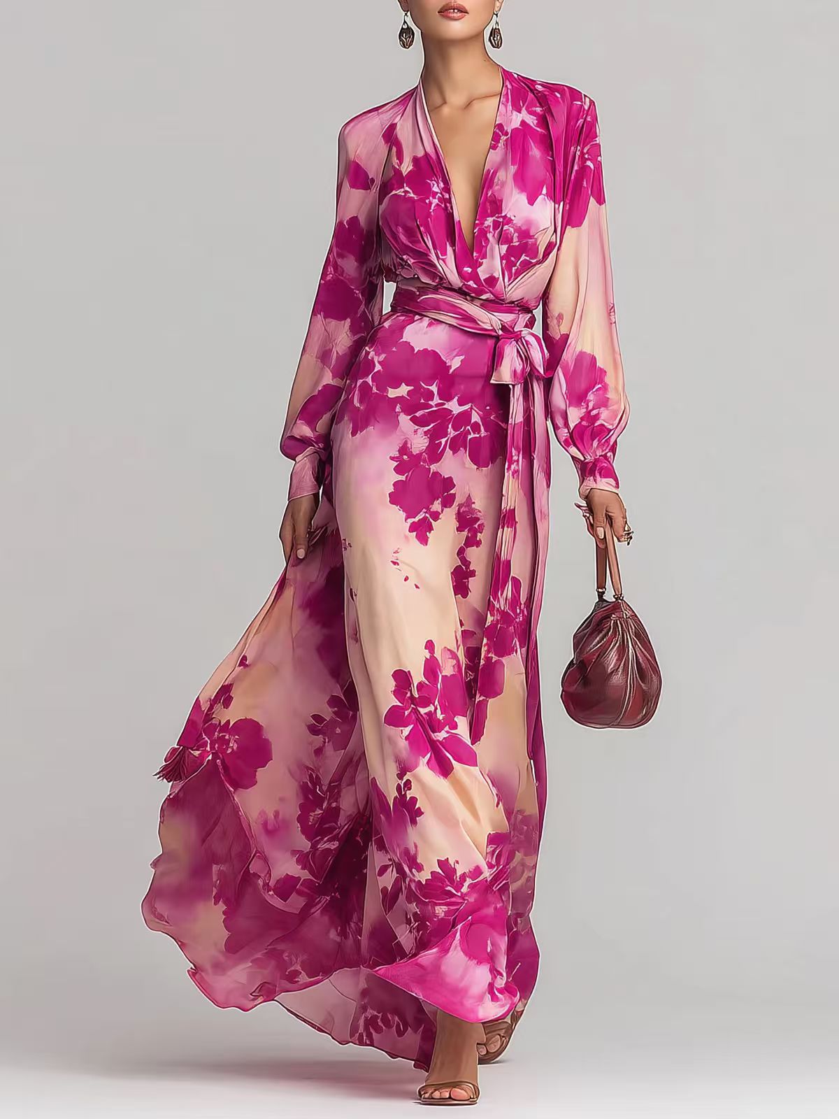 Robe longue en mousseline imprimée à manches longues et col en V avec liens, élégante et chic, nouvelle collection printemps