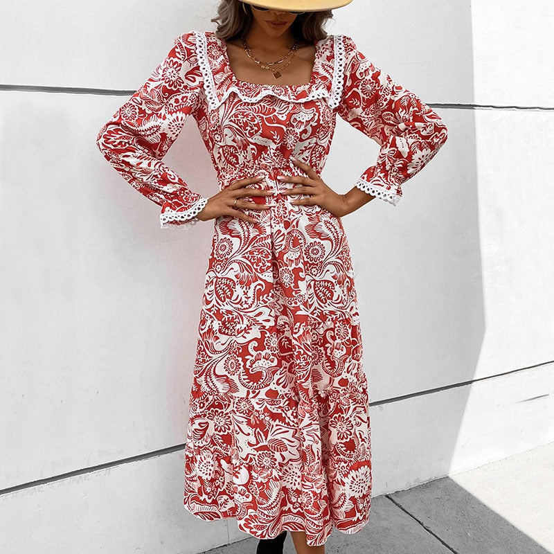 Robe longue fleurie à manches longues en dentelle patchwork et col carré pour femmes