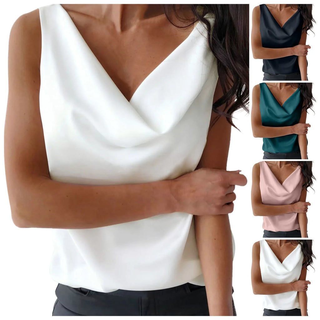 T-shirts pour femmes grandes tailles d'été débardeurs en satin de soie pour femmes, chemisiers décontractés sans manches à col bénitier, Roupas Femininas