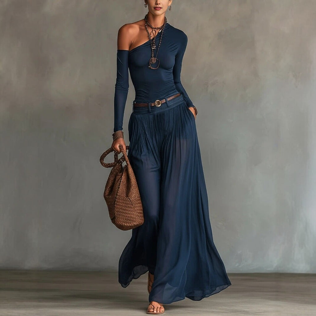 Ensemble décontracté robe longue avec ceinture, manche longue, épaule asymétrique, couleur unie, simple et à la mode