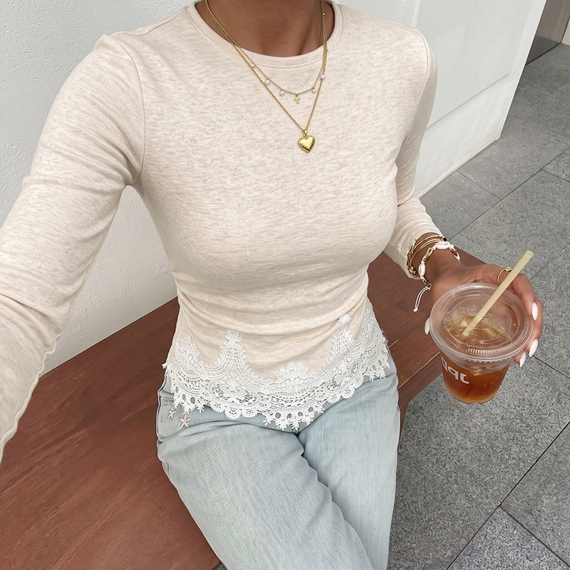 Solid color round neck long sleeved slim fit T-shirt for women