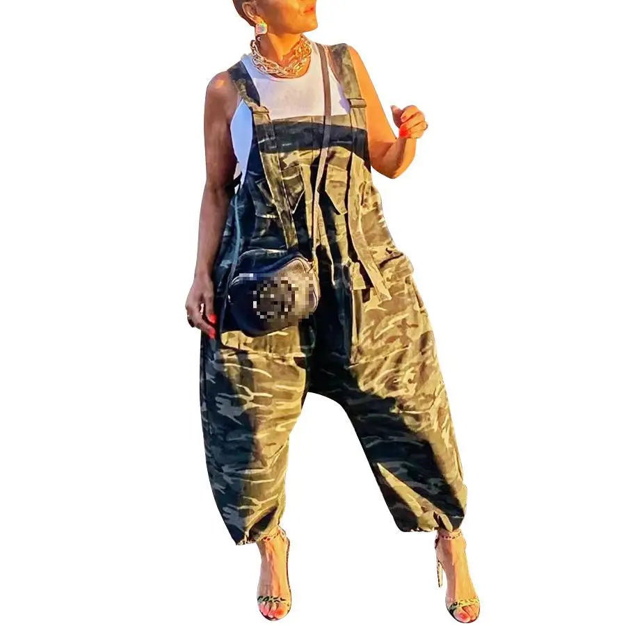 Combinaison longue ample pour femmes, nouvelle combinaison printemps-été sans manches dos nu imprimé camouflage