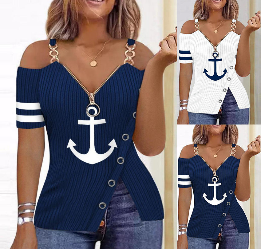 T-shirt zippé à col en V pour femmes avec motif d'ancre de bateau et chaîne en métal, style européen et américain