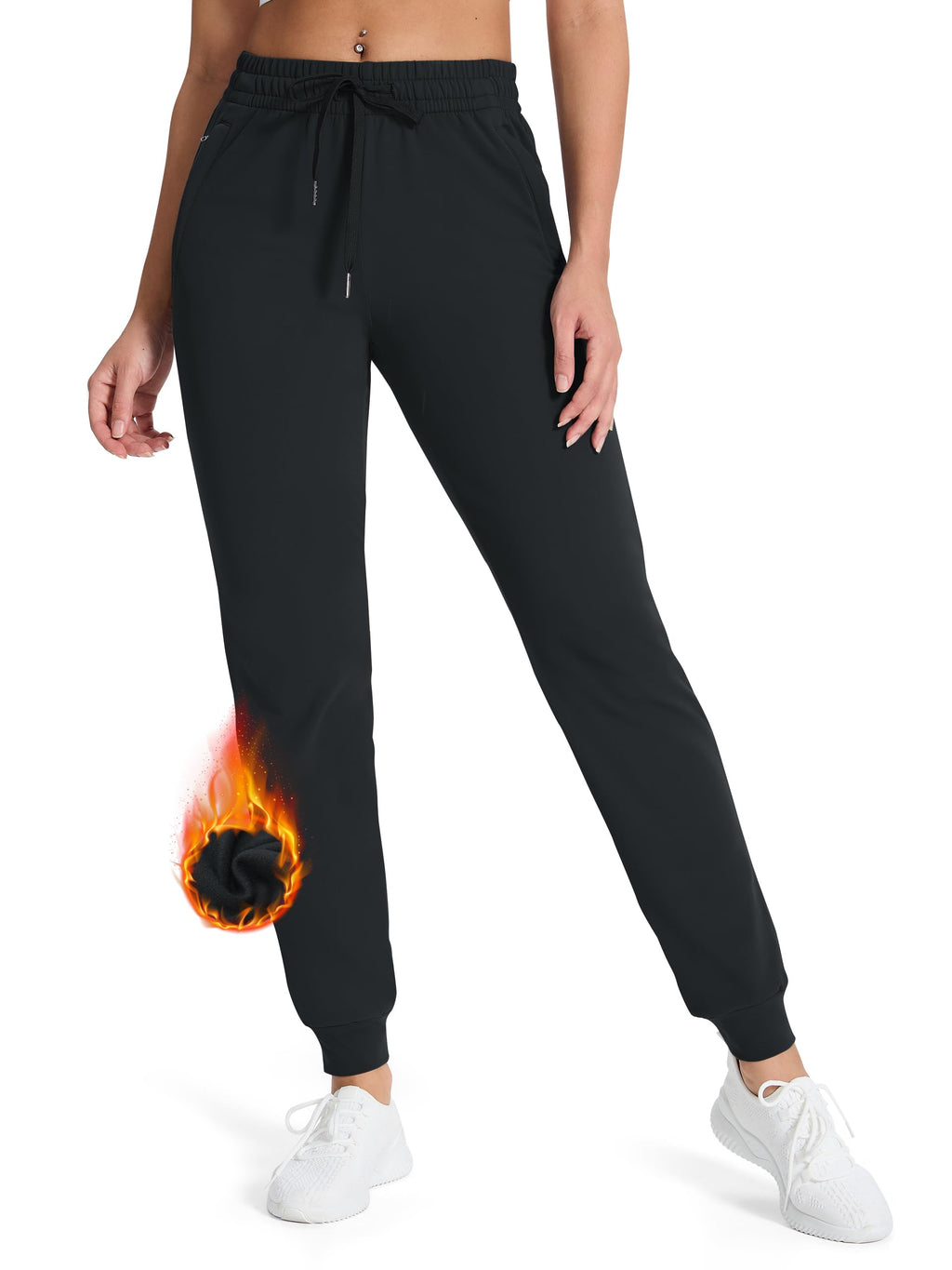 SEVEGO Womens 33" Inseam Tall Joggers Fleece Lined Sweatpants Water Resistant Thermal Athletic Running Pockets Black L