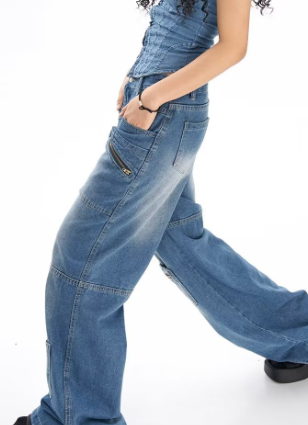 Multi-Pocket Loose High Waist Wide Leg Jeans