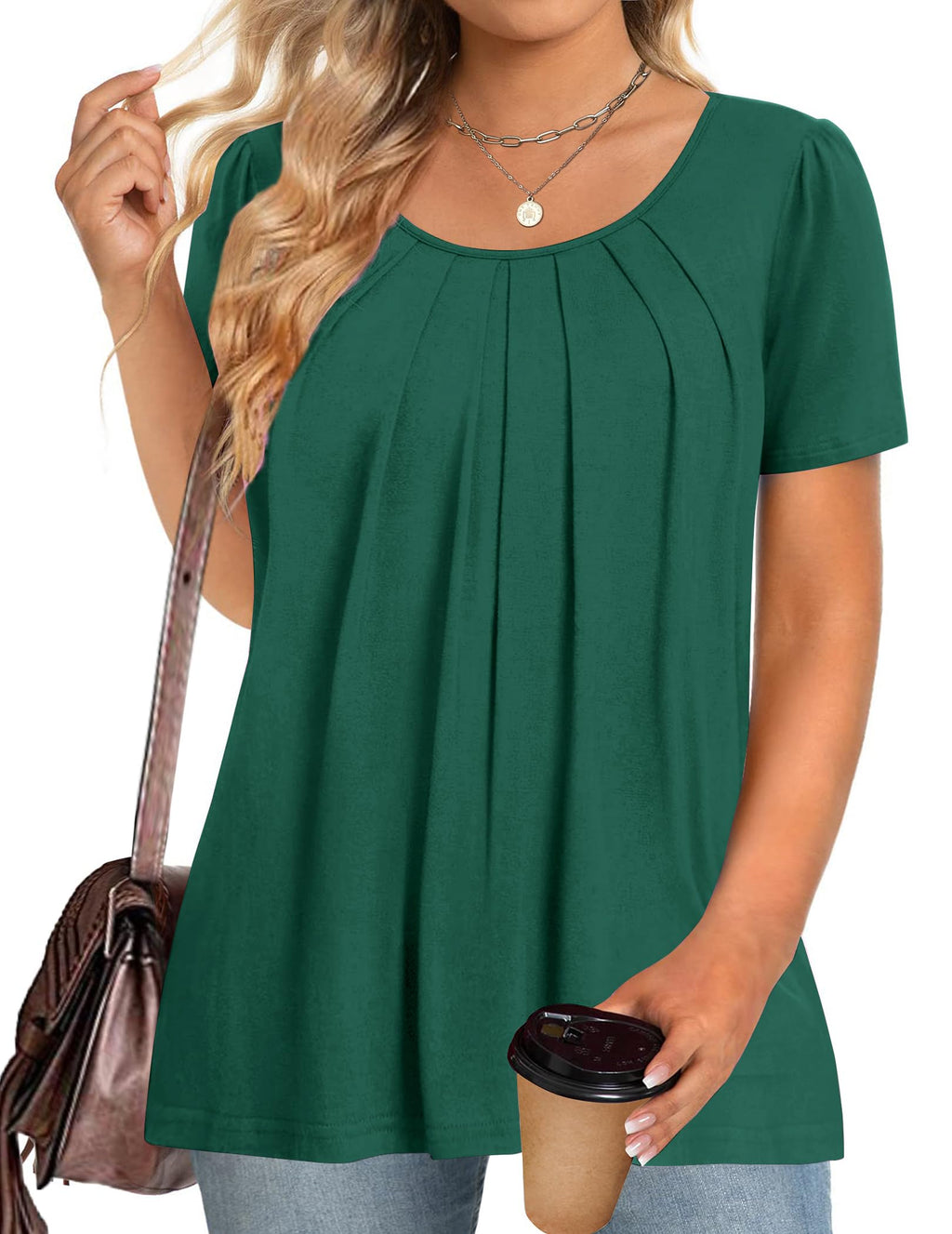 Plus Size : INVOLAND Plus Size Womens Tops Tunic Short Sleeve Crew Neck Shirts Casual Soft Blouse Army Green