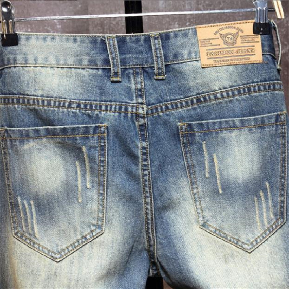 Men's Casual Knee-Length Jean Shorts with Distressed Details