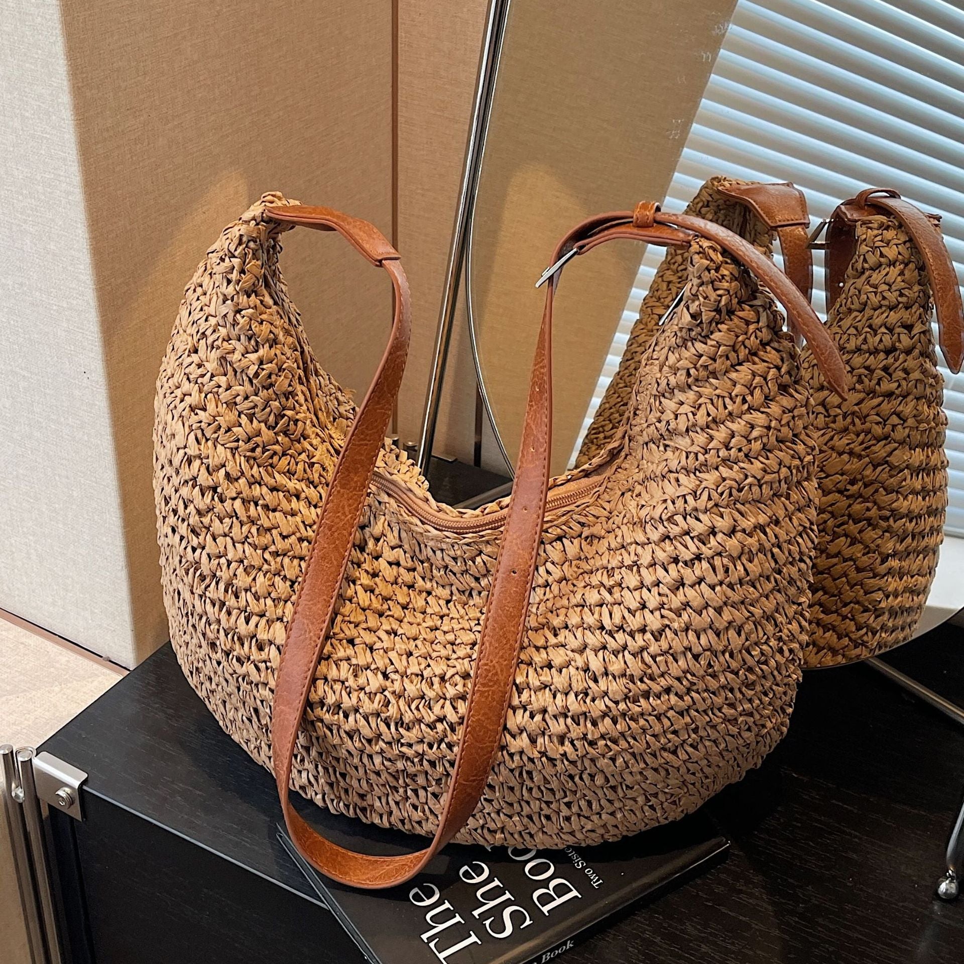 Sac Tressé Femme Décontracté Grande Capacité Sac à Bandoulière en Paille Fait Main