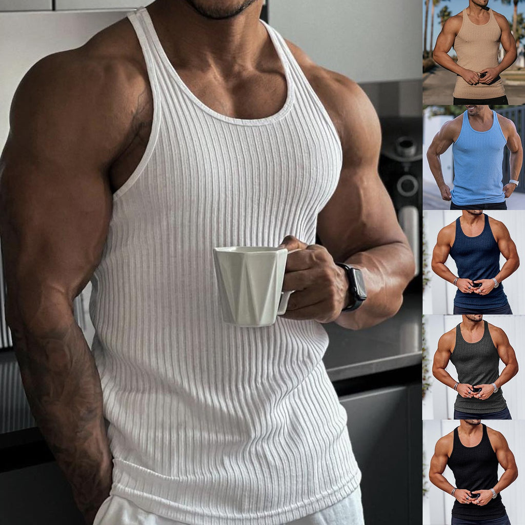 Débardeur Homme Tricoté à Rayures Verticales Coupe Slim Sport Loisirs Été Dos Nageur