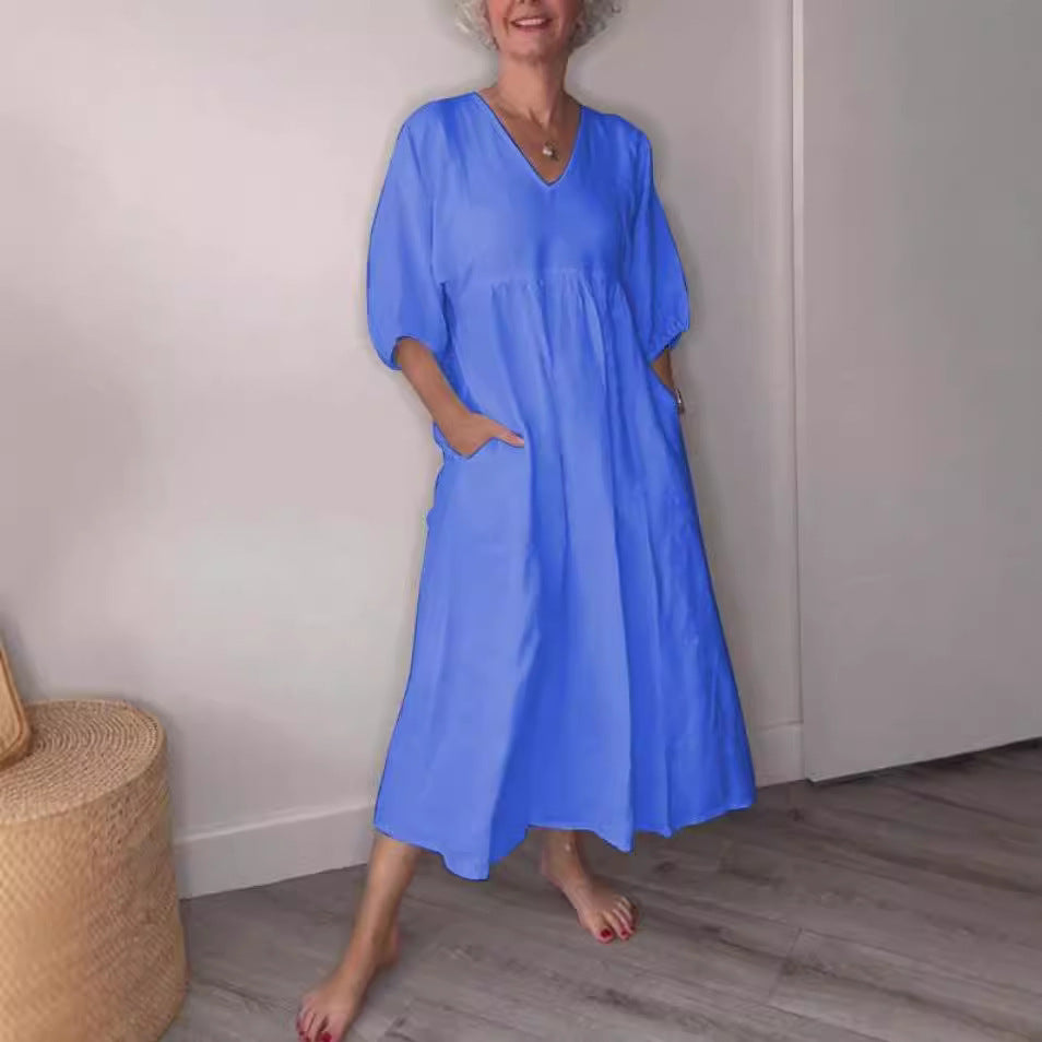 Deep V-neck pleated solid color pocket dress