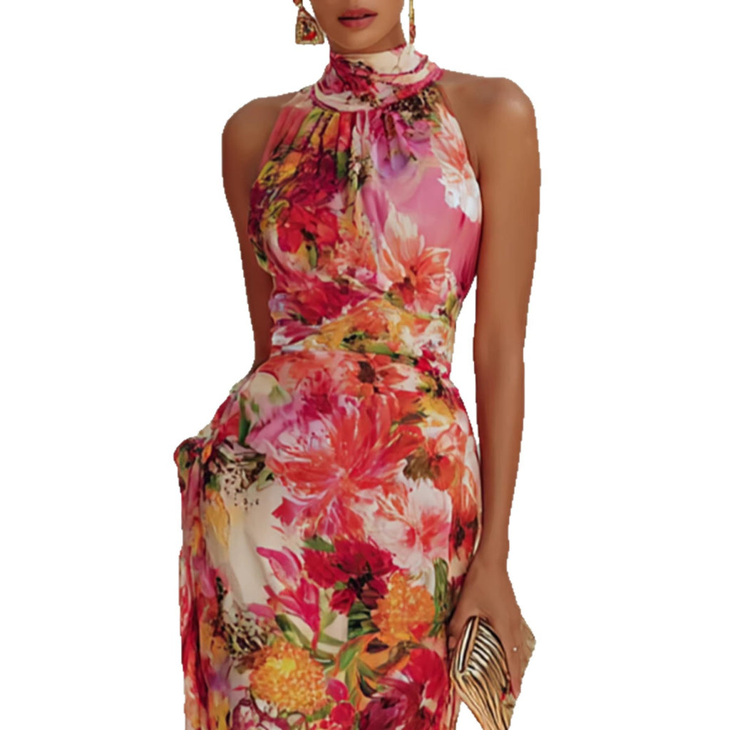 Robe cintrée en mousseline de soie, sans bretelles ni manches, à motif floral élégant