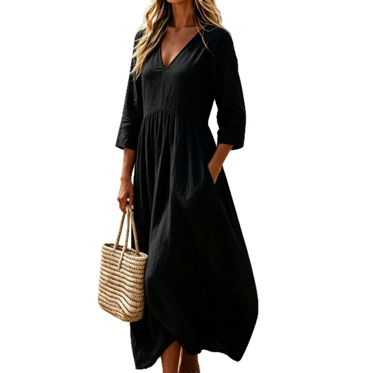 Solid color V-neck dress for women
