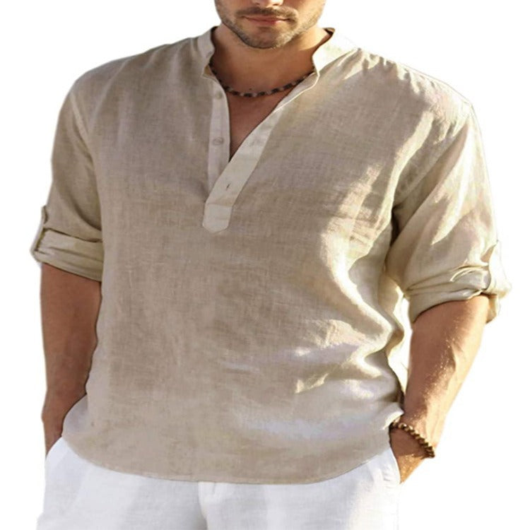 T-shirt en lin pour homme, manches longues, coupe ample, couleur unie, coton et lin, grande taille