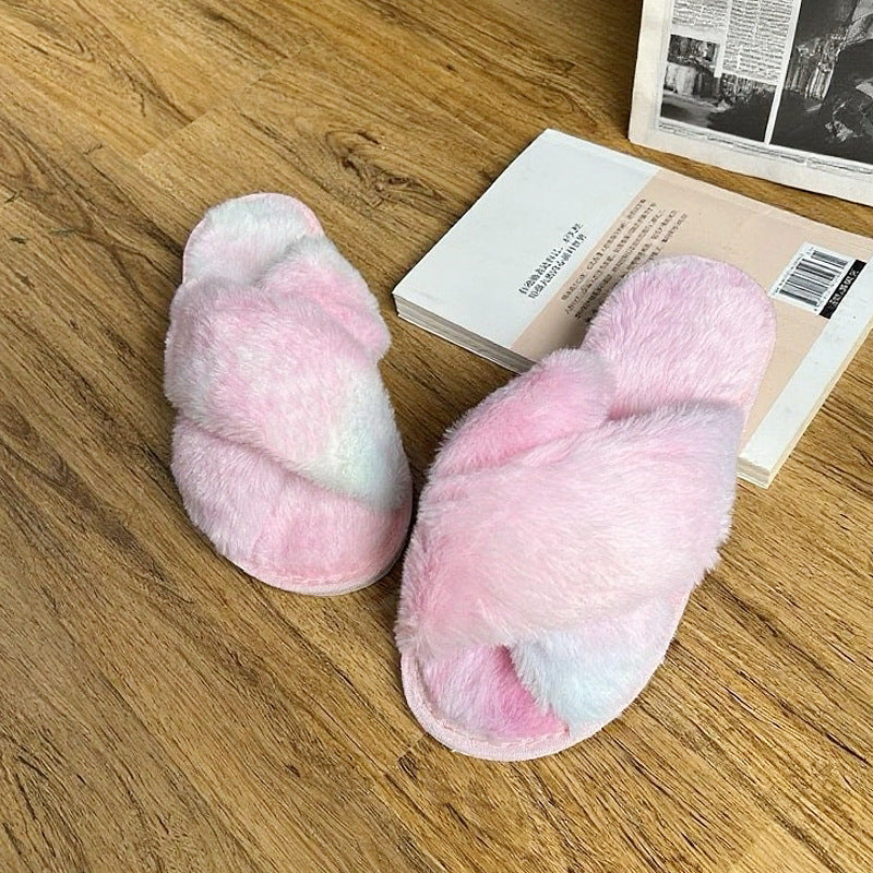 Pantoufles poilues avec fourrure de lapin croisée et orteils apparents